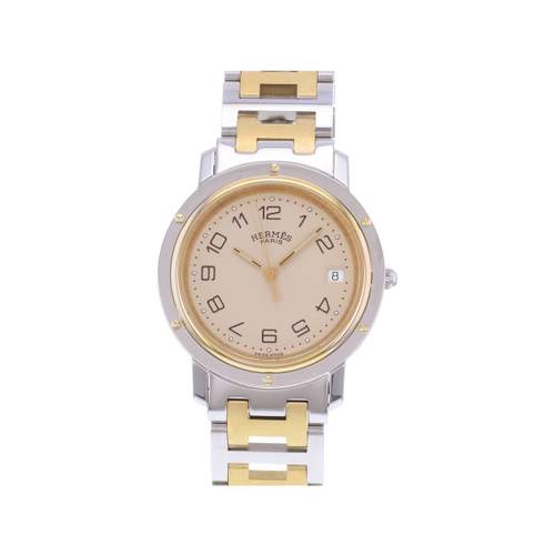 Pre-owned HERMES Clipper Unisex Quartz Watch with Steel and Gold-Plated Bracelet