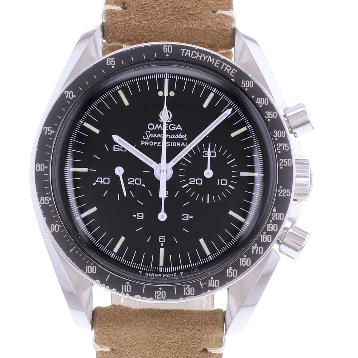 Montre d'occasion OMEGA Speedmaster Moonwatch Vintage homme mécanique bracelet cuir cresus - vue D1
