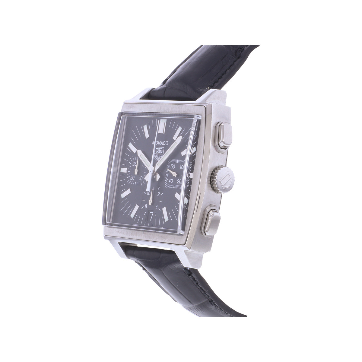 Montre d'occasion TAG HEUER Monaco Chronographe homme automatique bracelet cuir cresus - vue D2