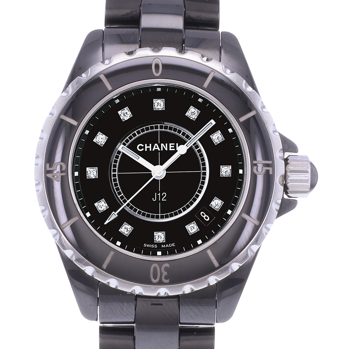 Montre d'occasion CHANEL J12 33 mm Index diamants femme quartz bracelet céramique - vue D1