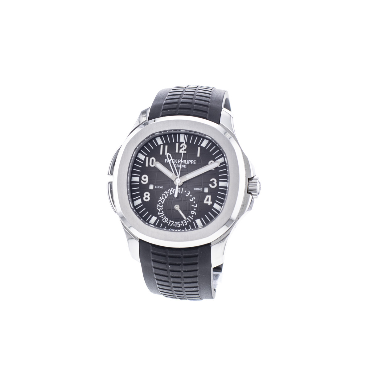 Montre d'occasion PATEK PHILIPPE Aquanaut Travel Time homme mouvement automatique certifié (cosc) bracelet caoutchouc - vue porté 3