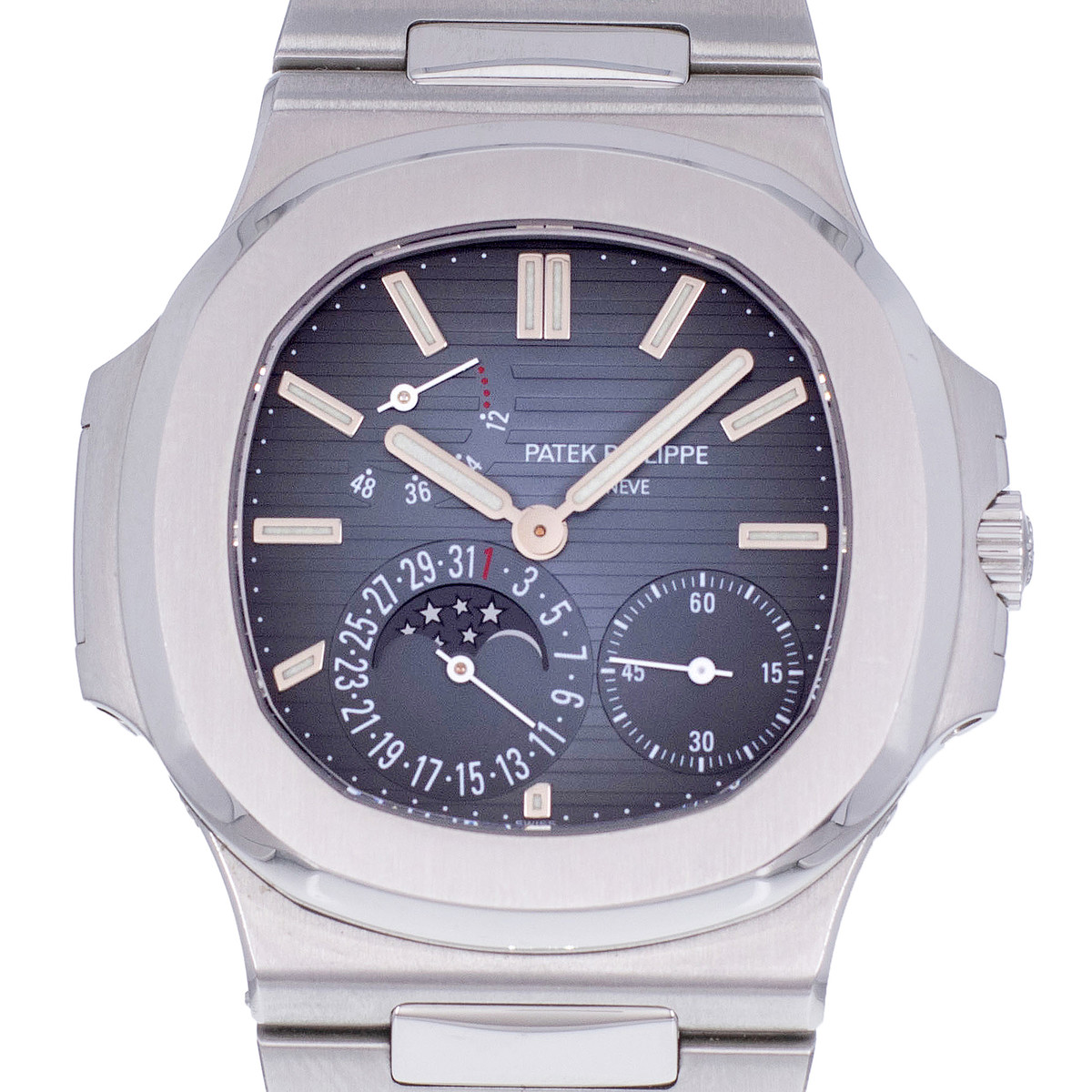 Montre d'occasion PATEK PHILIPPE Nautilus Phases de Lune homme mouvement automatique certifié (cosc) bracelet acier - vue D1