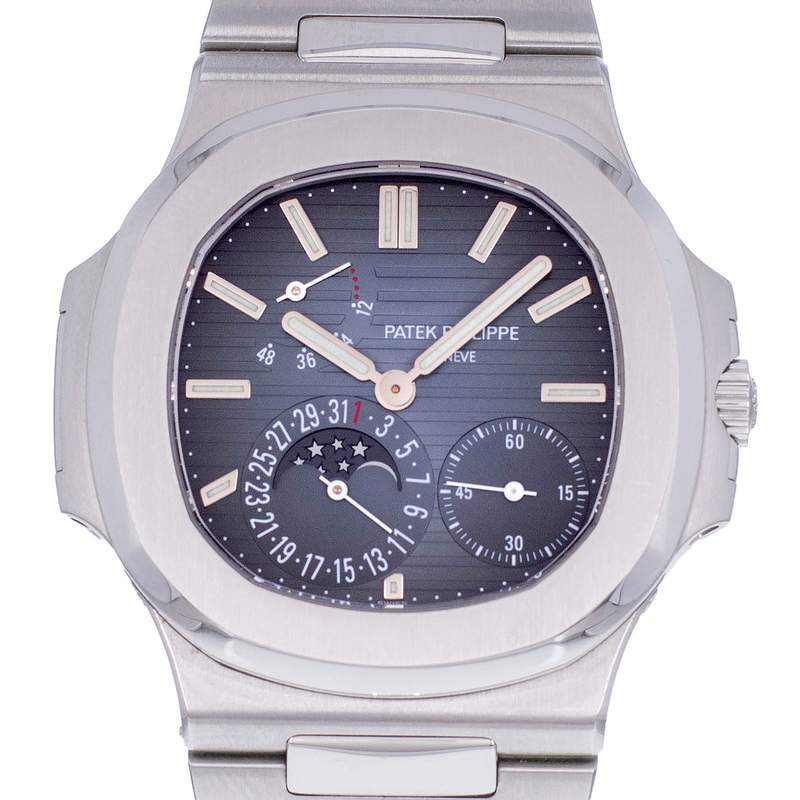 Montre d'occasion PATEK PHILIPPE Nautilus Phases de Lune homme mouvement automatique certifié (cosc) bracelet acier - vue D1