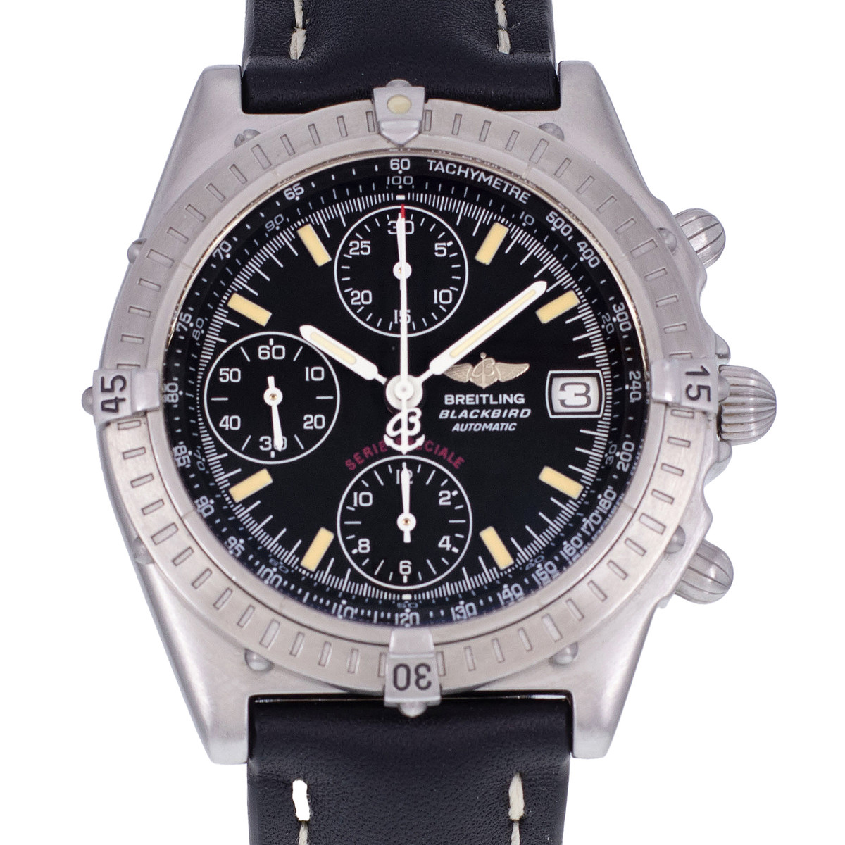 Montre d'occasion BREITLING Chronomat Blackbird homme automatique bracelet cuir cresus - vue D1