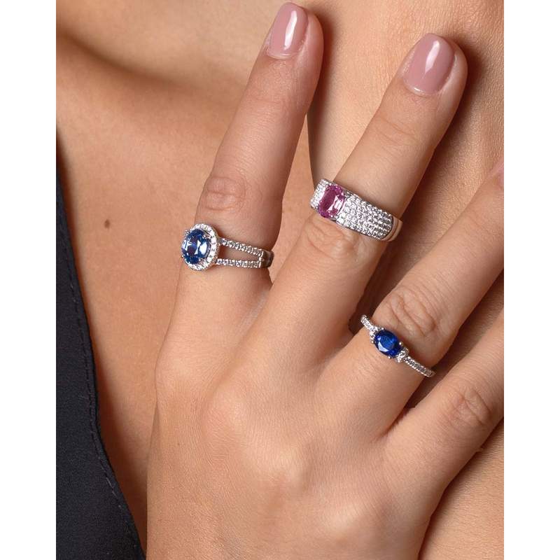 Bague d'occasion CRESUS Saphir rose Pavage diamants femme or blanc 750/1000 - vue porté 2