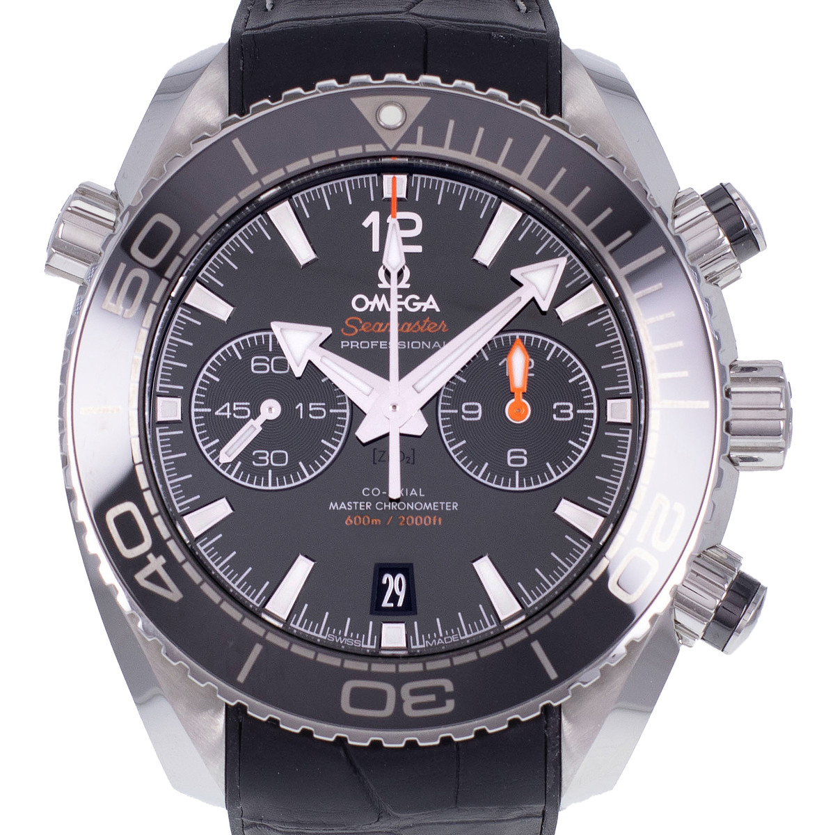 Montre d'occasion OMEGA Seamaster Planet Ocean 600m homme mouvement automatique certifié (cosc) bracelet cuir d'origine - vue D1
