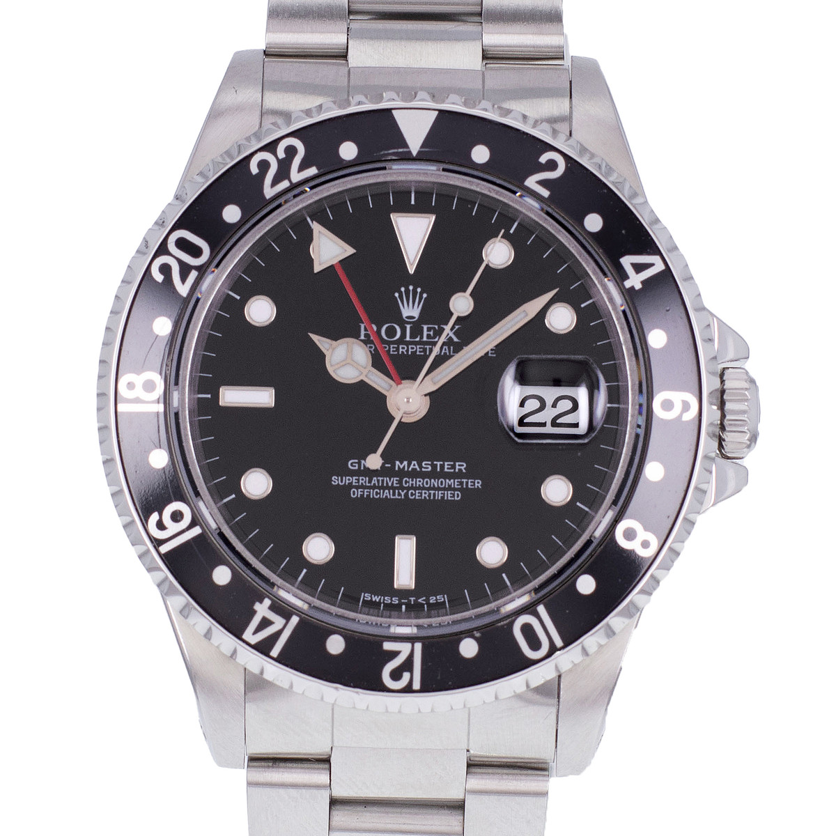 Montre d'occasion ROLEX GMT-Master homme mouvement automatique certifié (cosc) bracelet acier - vue D1
