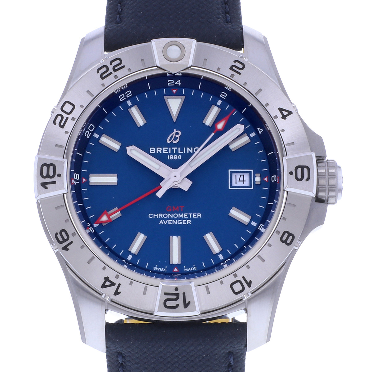 Montre d'occasion BREITLING Avenger Gmt homme mouvement automatique certifié (cosc) bracelet cuir d'origine - vue D1