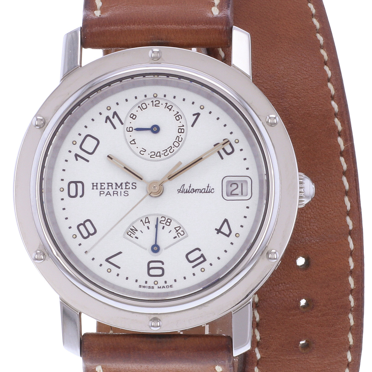 Montre d'occasion HERMES Clipper Chrono homme automatique bracelet cuir d'origine - vue D1