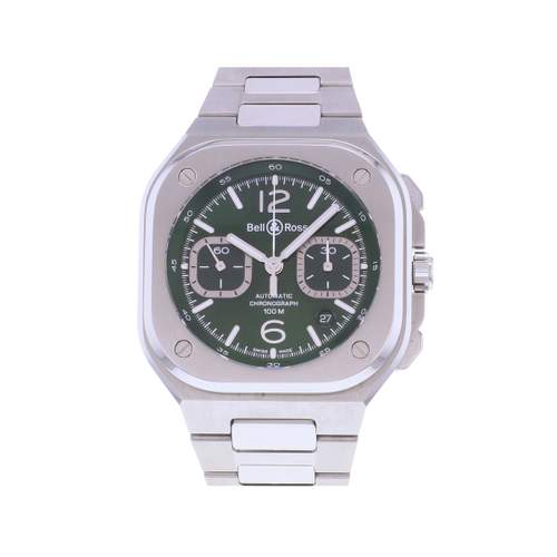 Montre d'occasion BELL & ROSS BR-05 Chrono Green Steel homme automatique bracelet acier