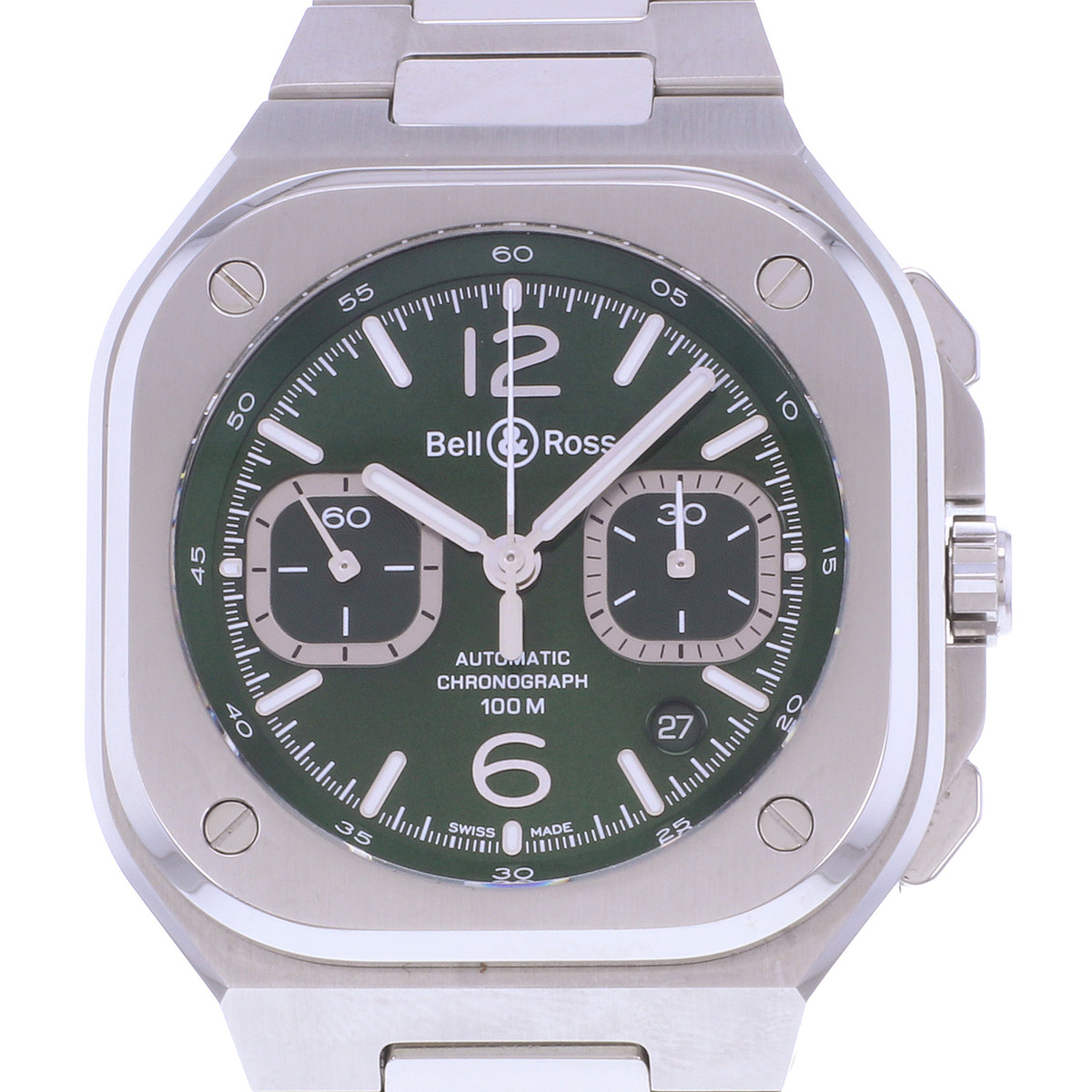 Montre d'occasion BELL & ROSS BR-05 Chrono Green Steel homme automatique bracelet acier - vue D1