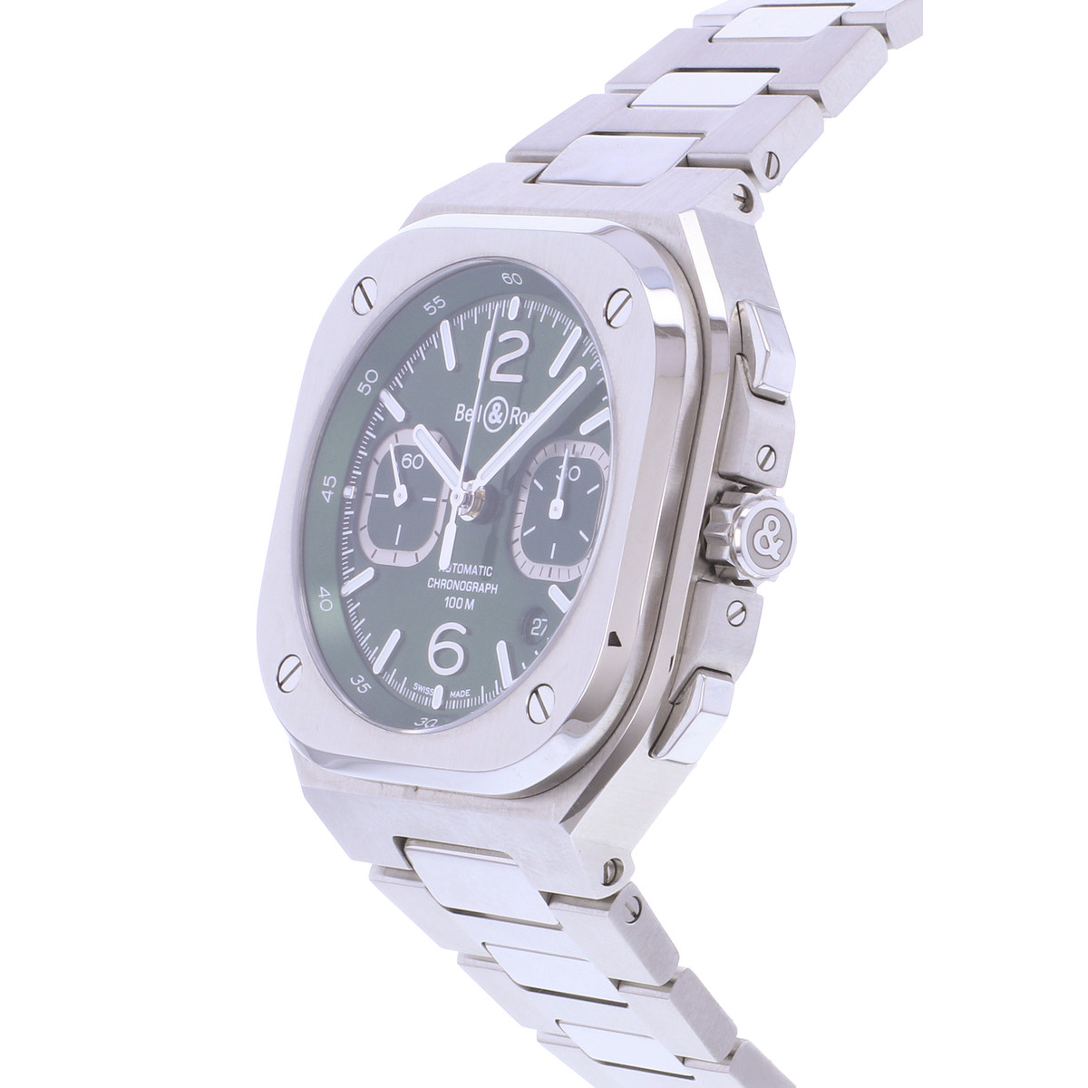 Montre d'occasion BELL & ROSS BR-05 Chrono Green Steel homme automatique bracelet acier - vue D2