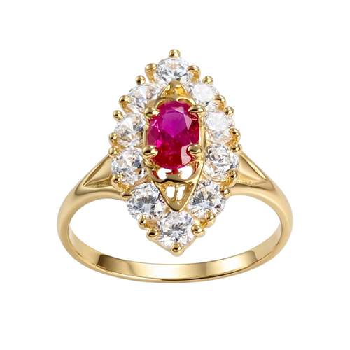 Bague d'occasion or 750 jaune marquise zirconias rubis synthétique