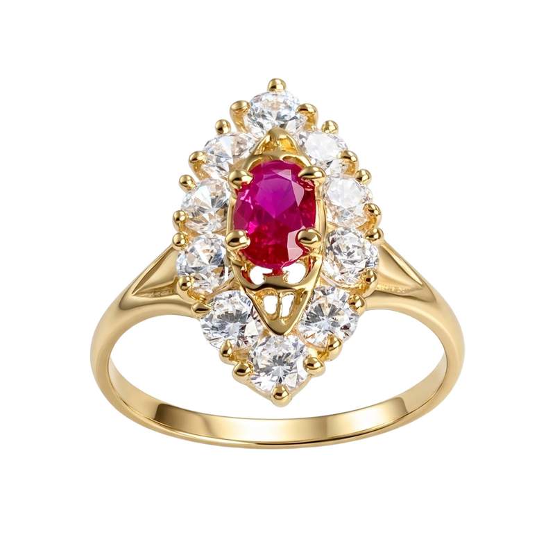 Bague d'occasion or 750 jaune marquise zirconias rubis synthétique - vue 1