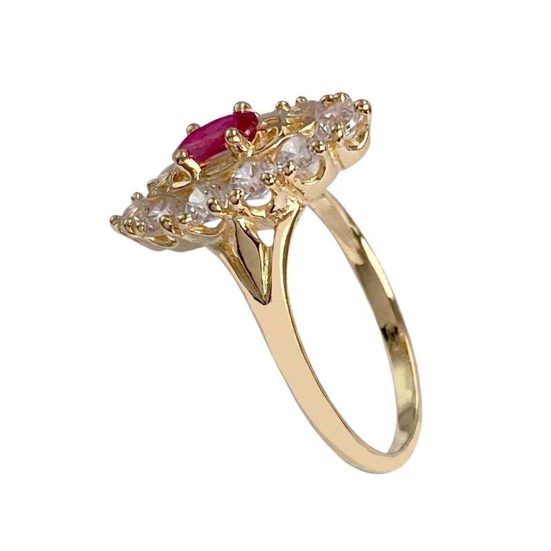 Bague d'occasion or 750 jaune marquise zirconias rubis synthétique - vue 2