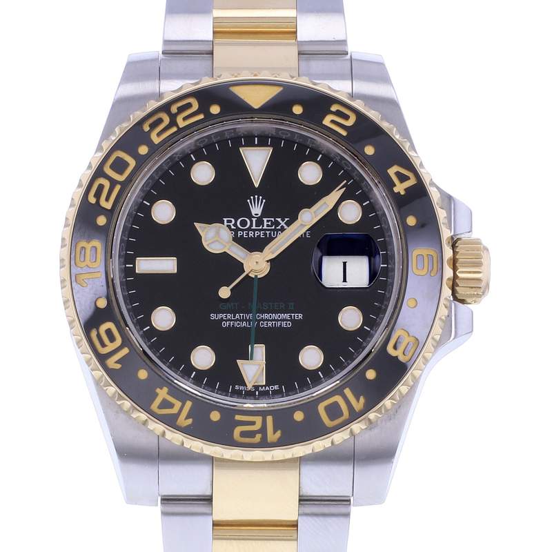 Montre d'occasion ROLEX GMT-Master II homme mouvement automatique certifié (cosc) bracelet or jaune 750/000 et acier - vue D1