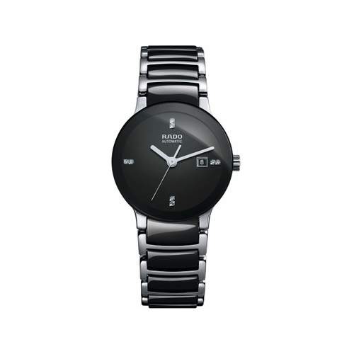 Rado Centrix dameshorloge van zwart staal met een zwarte keramische band