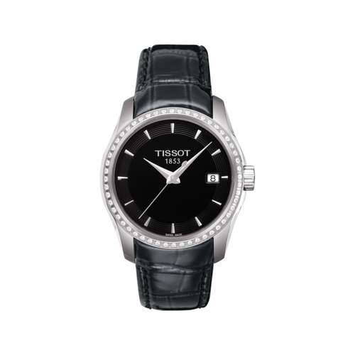 Tissot women's watch in steel with black leather strap and diamonds