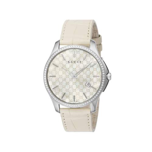 Montre Gucci mixte acier cuir blanc diamants