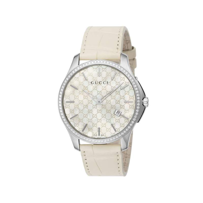 Montre Gucci mixte acier cuir blanc diamants - vue 1