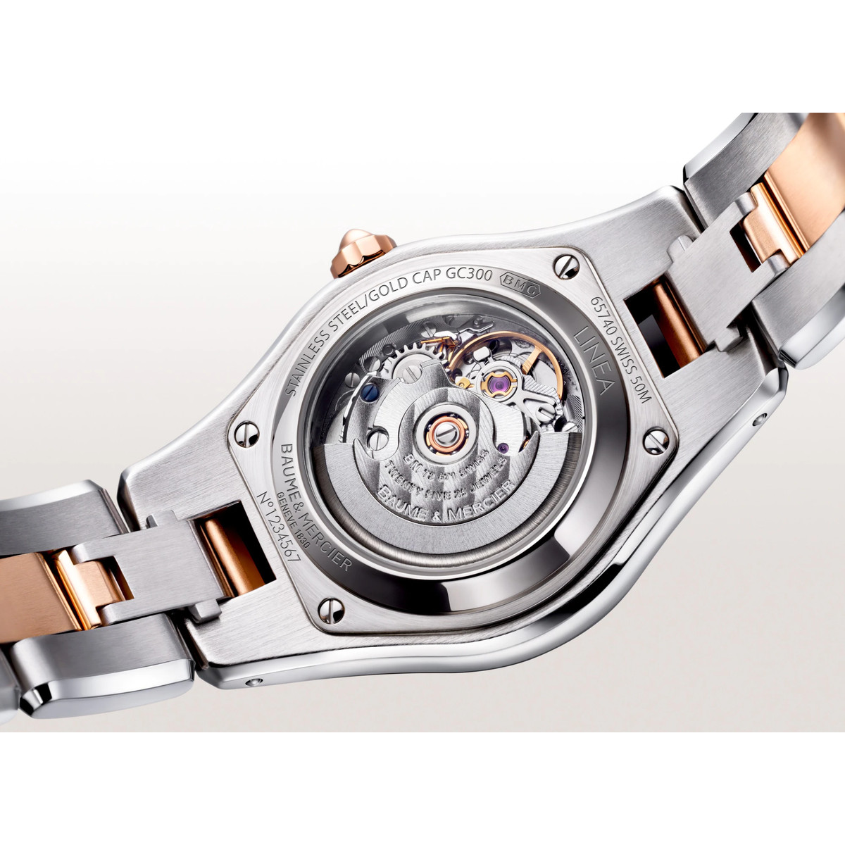 Montre Baume & Mercier Linea femme automatique bracelet acier or 750 rose - vue D2