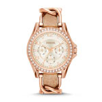 Montre Fossil femme acier doré rose bracelet cuir - vue 1
