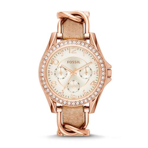 Fossil roestvrijstalen roségouden dameshorloge met leren band