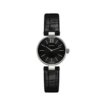 Rado Coupole dameshorloge van staal met zwarte leren band