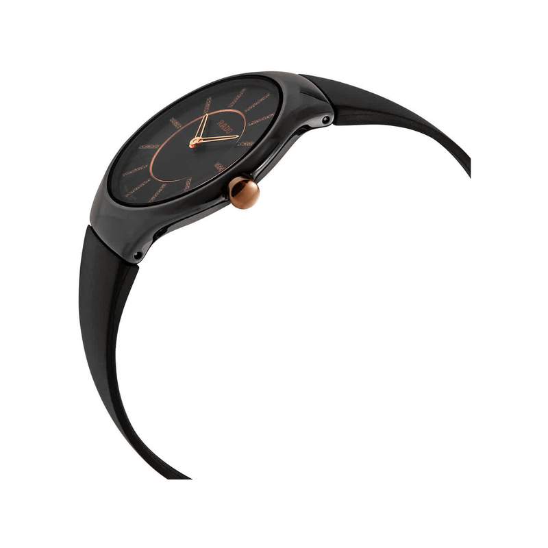 Montre Rado True Thinline femme céramique noire bracelet caoutchouc noir - vue 2
