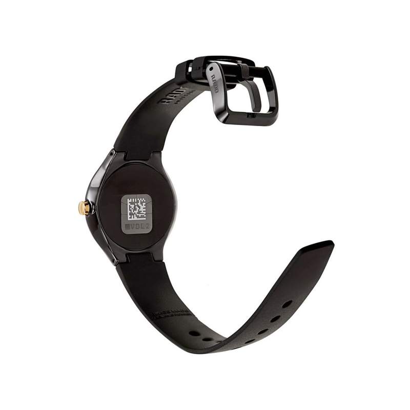 Montre Rado True Thinline femme céramique noire bracelet caoutchouc noir - vue 3