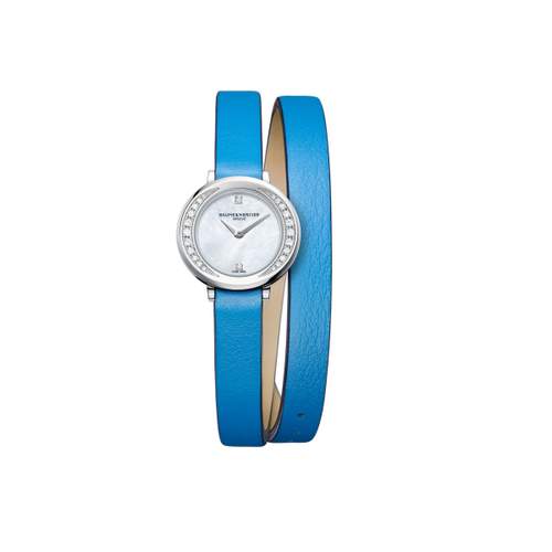 Baume & Mercier Promesse dameshorloge van roestvrij staal met dubbele tour armband van blauw leer