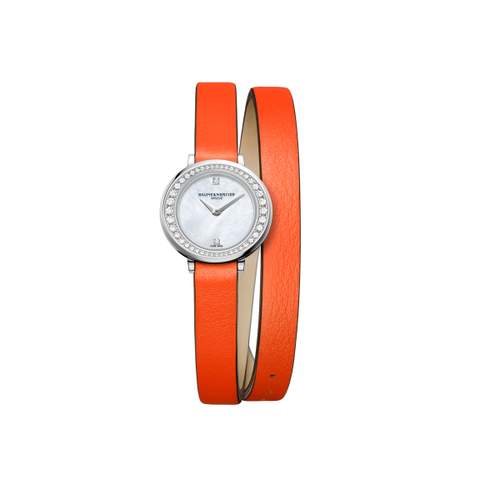 Baume & Mercier Promesse dameshorloge van roestvrij staal met oranje lederen dubbele tour armband