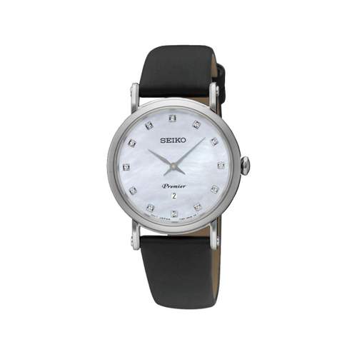 Montre Seiko femme cuir noir nacre diamant
