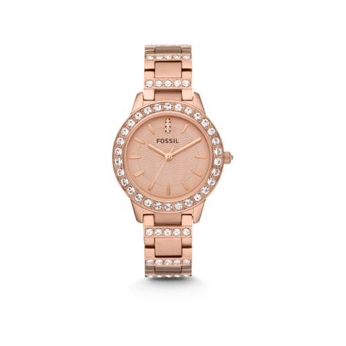 Fossil stalen dameshorloge met roségouden kristallen