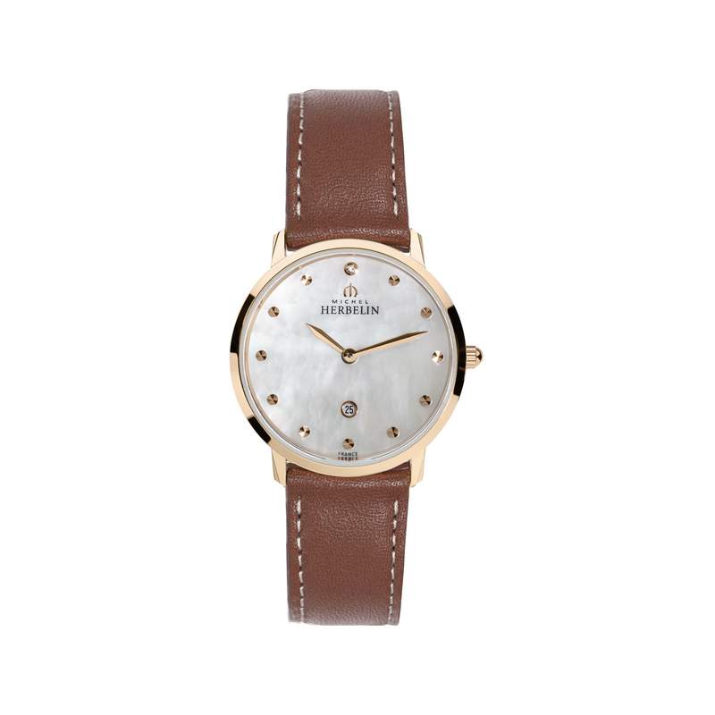 Montre Herbelin City femme acier doré rose bracelet cuir marron - vue 1