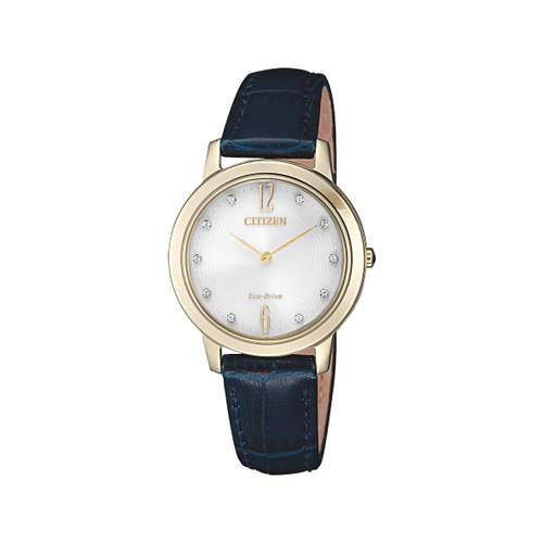 Citizen women's watch in gold-plated steel with blue leather strap and crystals