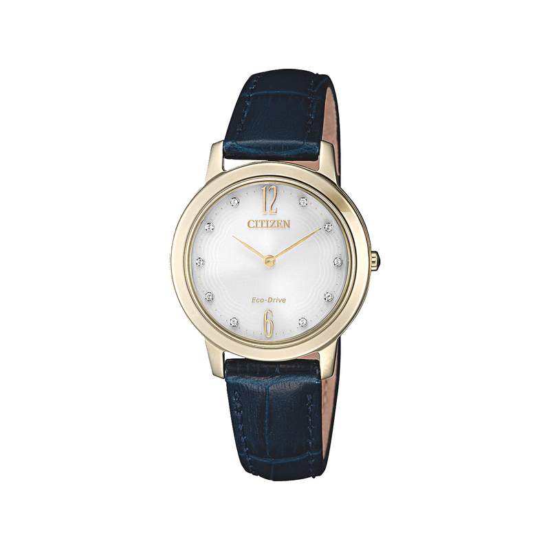 Montre Citizen femme acier doré cuir bleu cristaux - vue 1