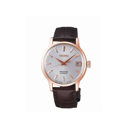 Montre Seiko Presage auto acier rose cuir marron