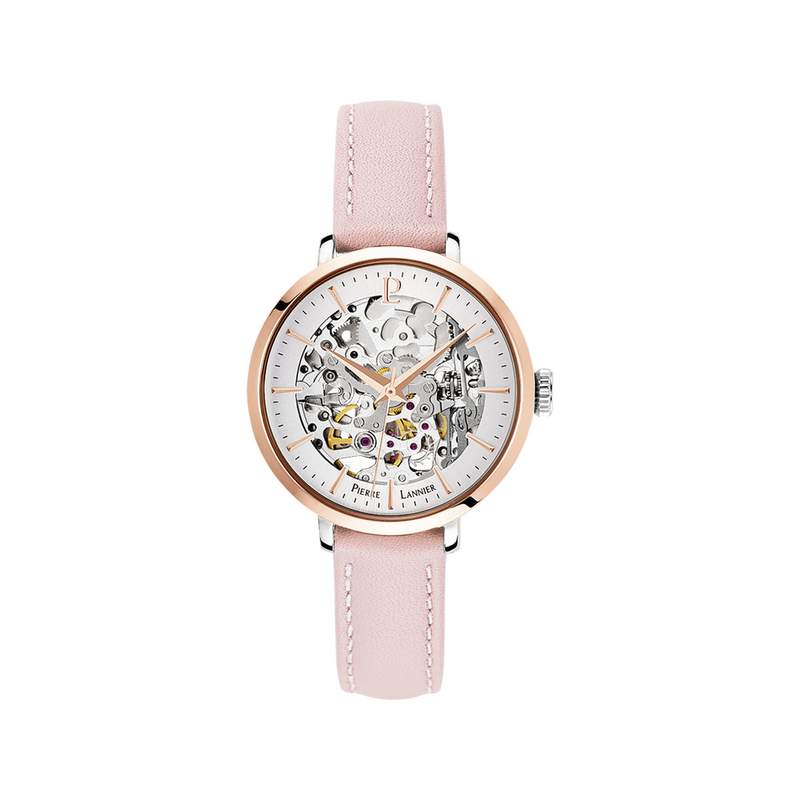 Montre Pierre Lannier femme automatique acier bracelet cuir rose - vue 1