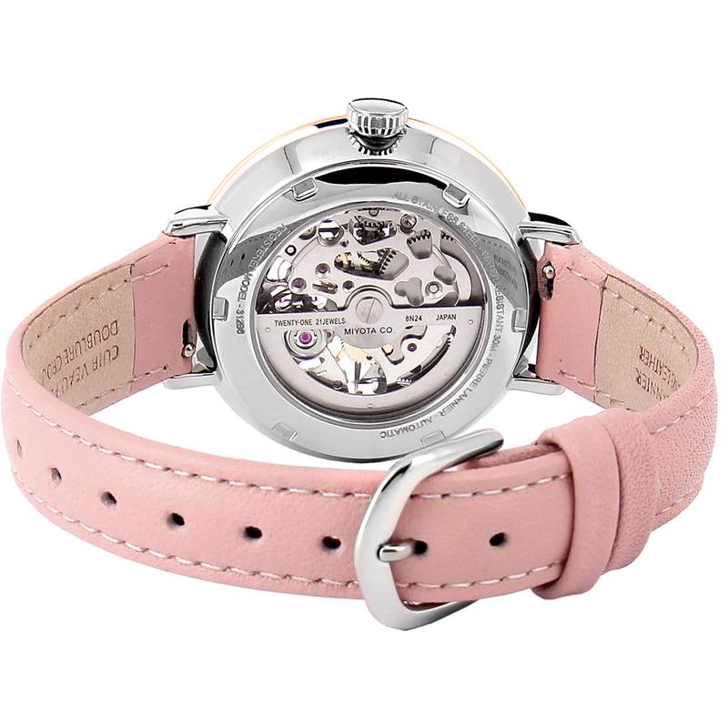 Montre Pierre Lannier femme automatique acier bracelet cuir rose - vue 3