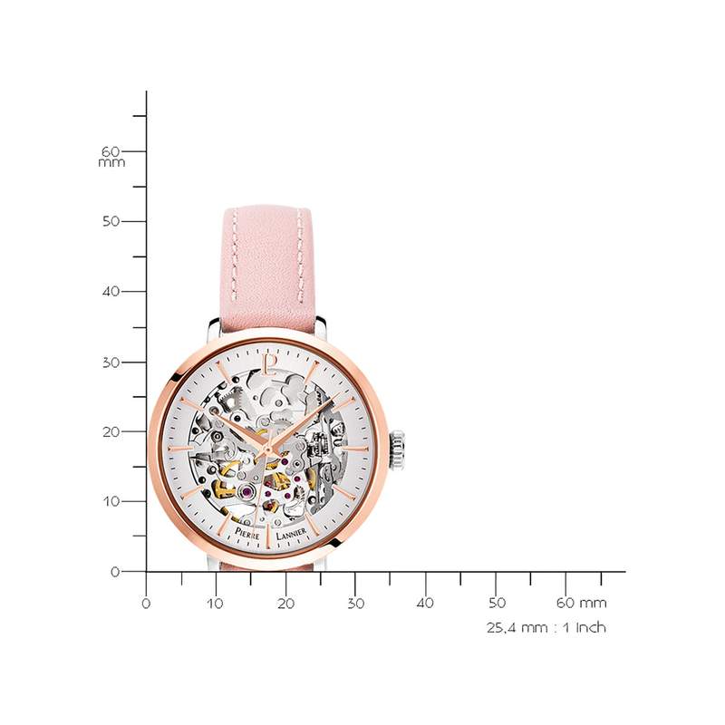 Montre Pierre Lannier femme automatique acier bracelet cuir rose - vue D2