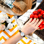 Montre Fossil femme acier doré rose cuir bleu - vue porté 1