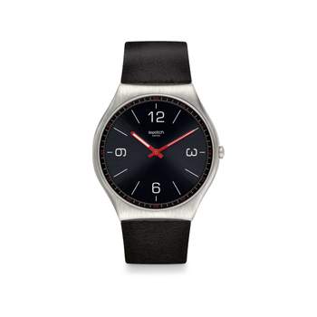 Swatch horloge van gemengd staal en zwart leer
