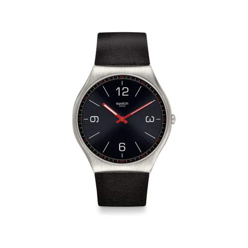 Swatch horloge van gemengd staal en zwart leer