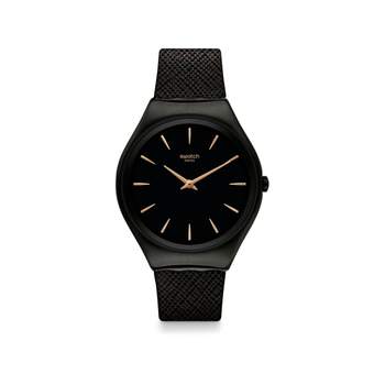 Swatch horloge van staal en zwart leer