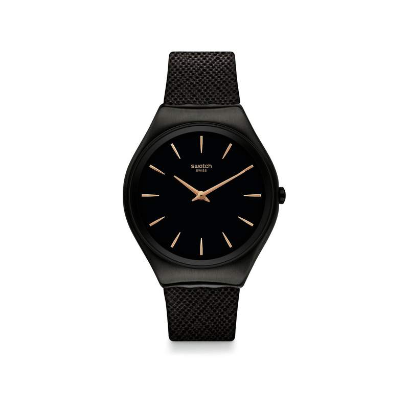 Montre Swatch mixte acier et cuir noir - vue 1