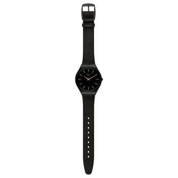 Swatch horloge van staal en zwart leer