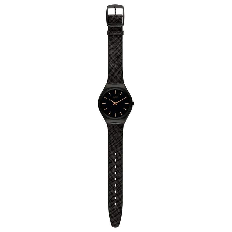Montre Swatch mixte acier et cuir noir - vue D1