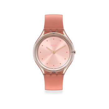 Montre swatch mixte plastique transparent silicone rose