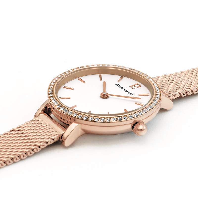 Montre Pierre Lannier femme acier doré rose milanais - vue D1
